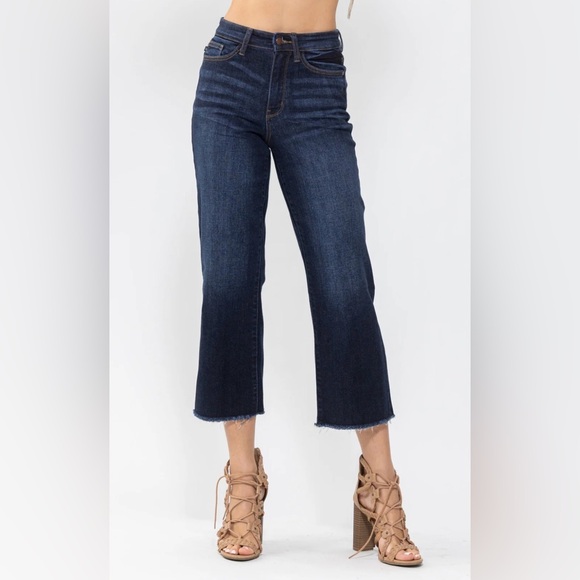 Judy Blue Dark High Rise Wide Leg Jeans Cropped Stretch Flattering Tummy Control - Picture 3 of 11